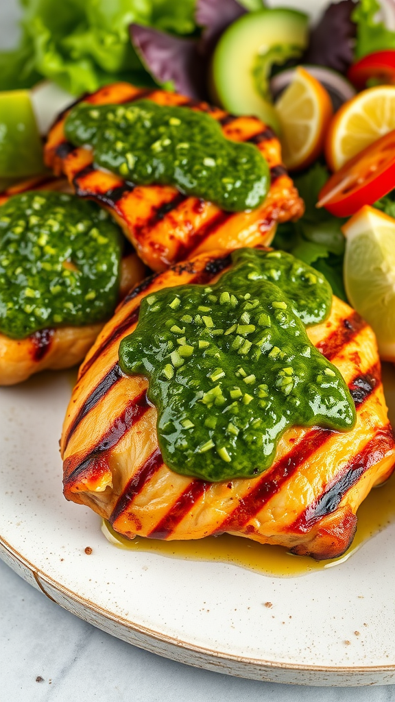 Grilled chicken thighs topped with chimichurri sauce, served with fresh vegetables.