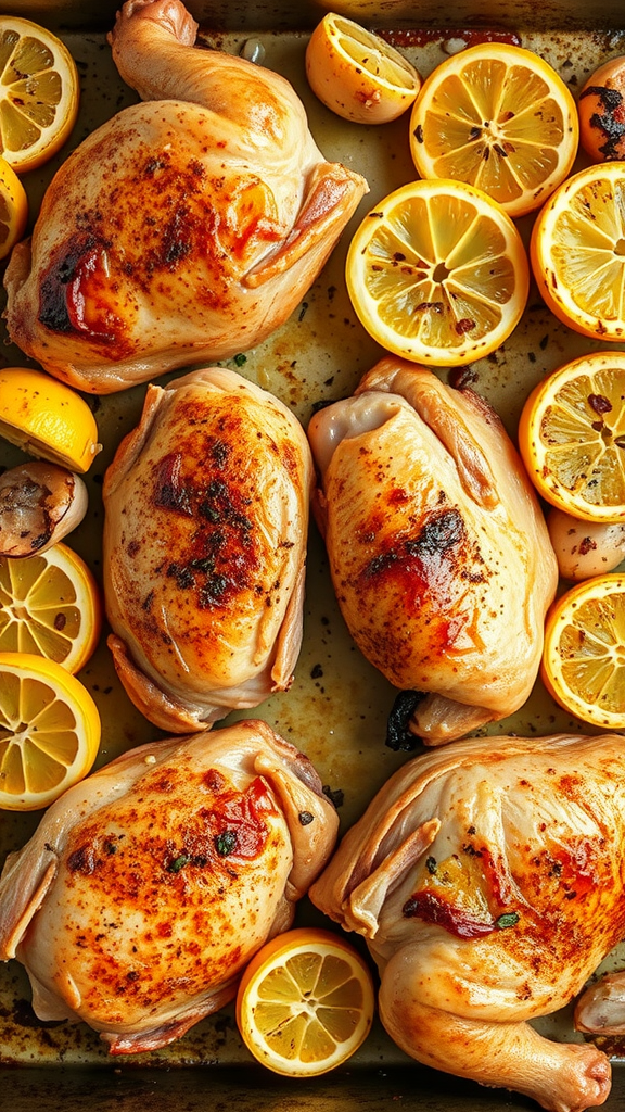 Roasted chicken thighs with garlic and lemon slices arranged on a baking sheet.
