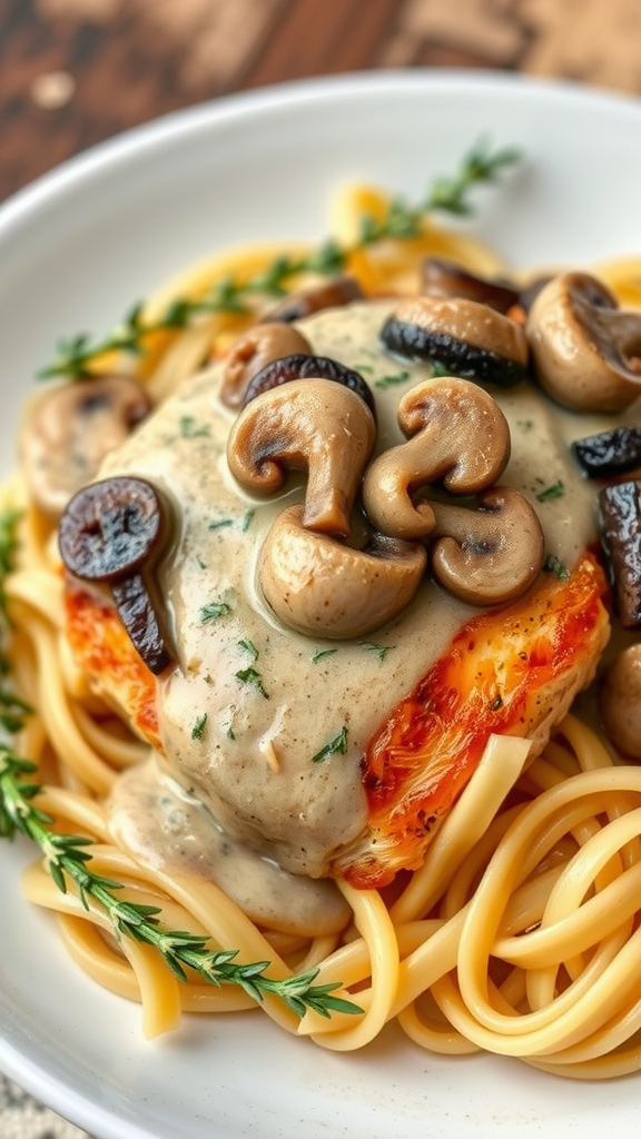 Plate of chicken thighs with mushroom sauce served over pasta, garnished with herbs