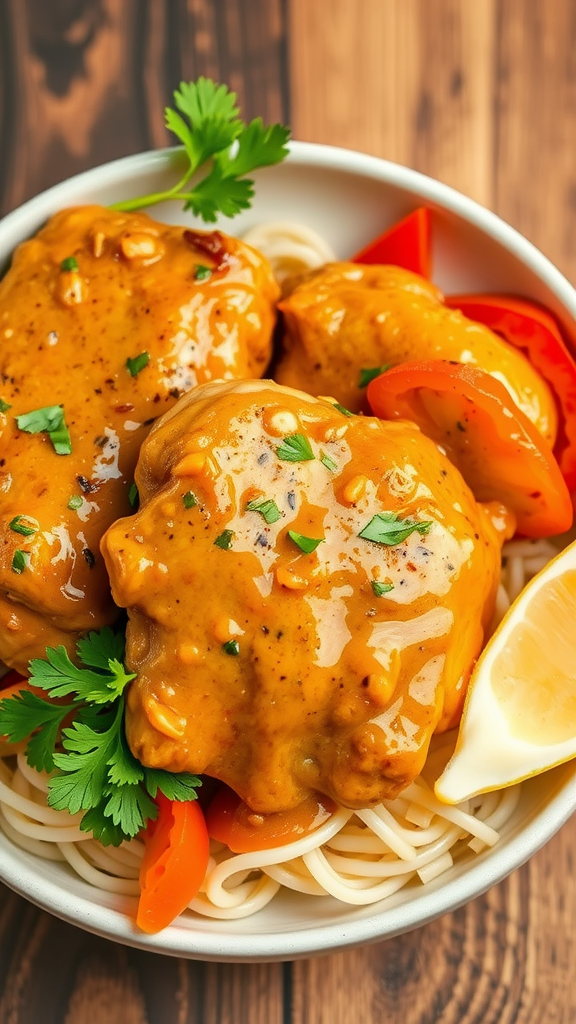 A bowl of chicken thighs with peanut sauce, served over noodles with vegetables and garnished with cilantro.