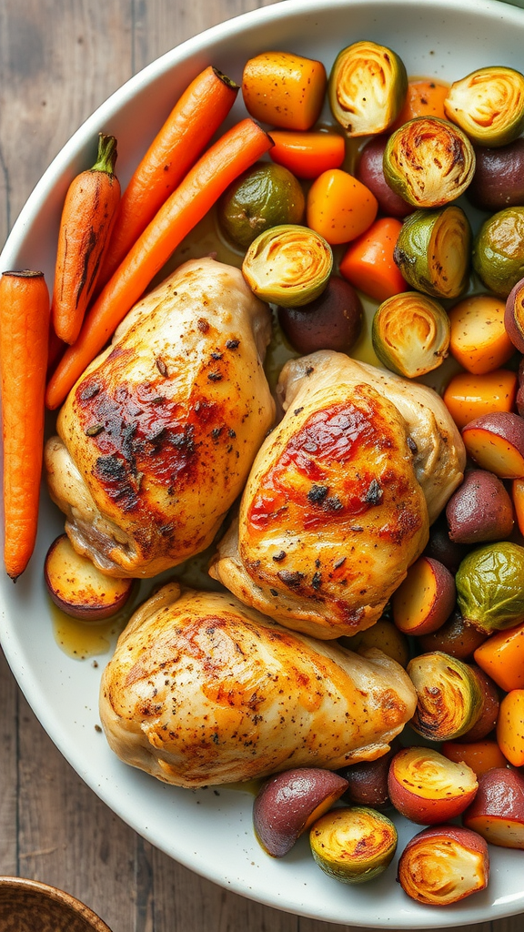 A plate of roasted chicken thighs with colorful vegetables including carrots, potatoes, and Brussels sprouts.