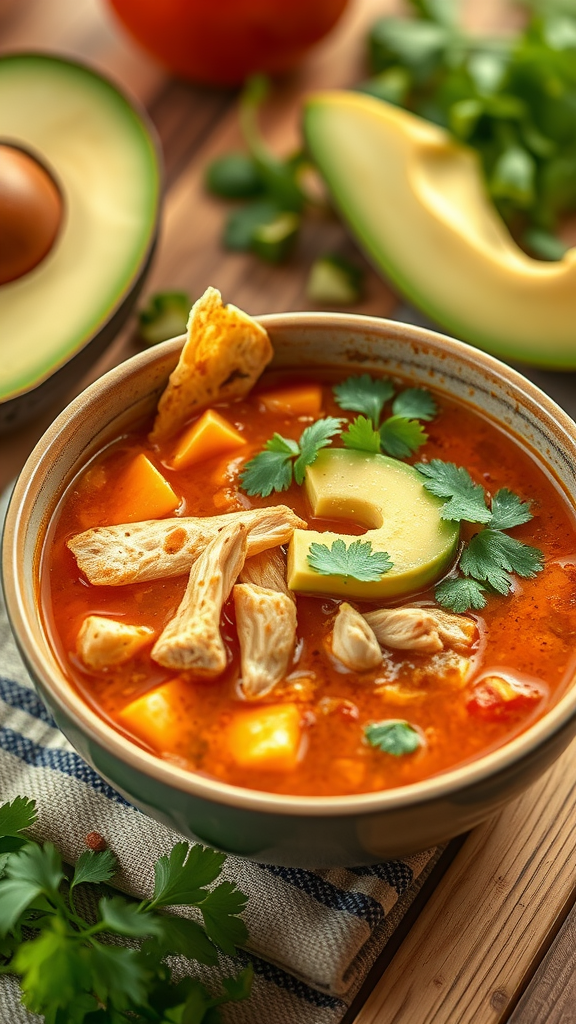 A bowl of chicken tortilla soup garnished with avocado and cilantro, surrounded by fresh ingredients.