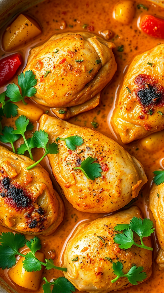Delicious coconut curry chicken thighs with cilantro and vegetables.