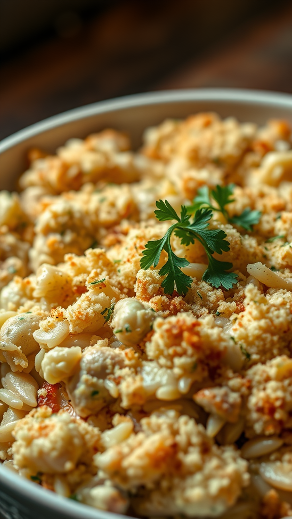 A close-up of creamy chicken and rice casserole topped with breadcrumbs and parsley.