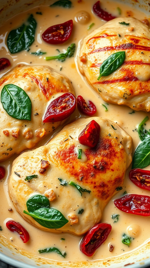 Creamy Tuscan Chicken Thighs in a sauce with spinach and sun-dried tomatoes