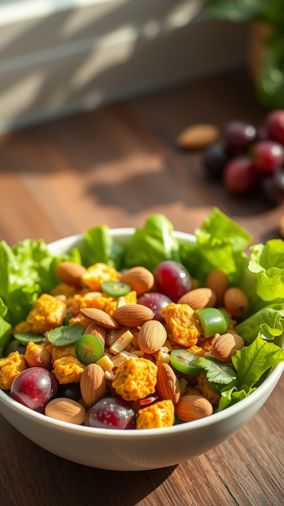 A bowl of colorful curry chicken salad with lettuce, grapes, almonds, and green onions.