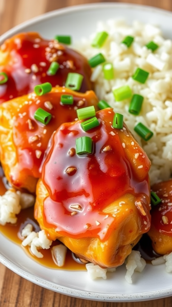 Honey garlic chicken thighs served with rice and green onion garnish