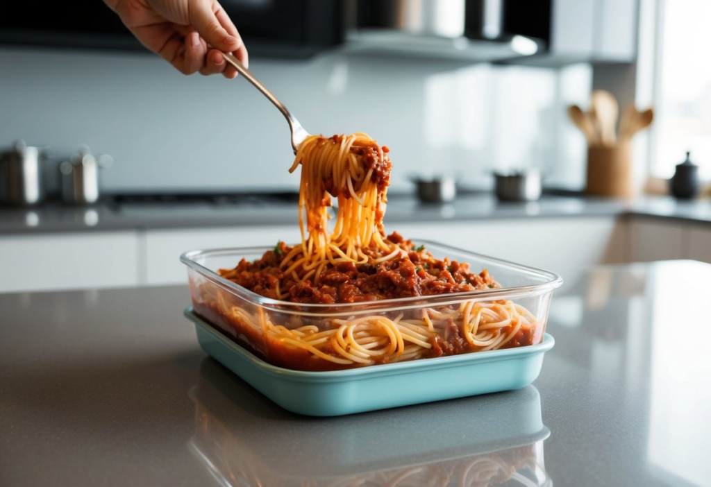 A steaming plate of spaghetti bolognese being carefully packed into a freezer-friendly container alongside other prepped meals