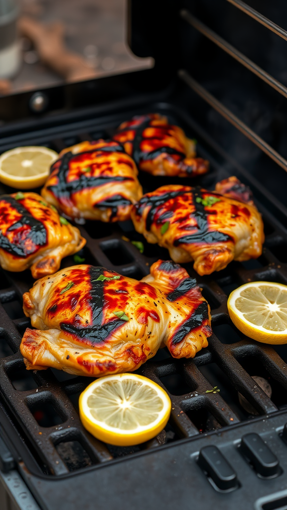 Grilled lemon herb chicken thighs on a grill with lemon slices
