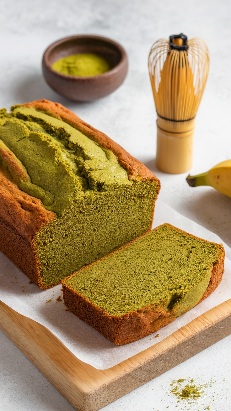 A loaf of matcha banana bread sliced on a wooden board with a bowl of matcha powder and a whisk in the background.