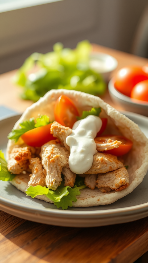 A Mediterranean chicken pita filled with rotisserie chicken, lettuce, tomatoes, and sauce on a plate.