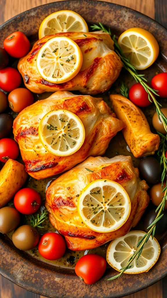 Mediterranean chicken thighs with lemon slices, tomatoes, and olives on a platter
