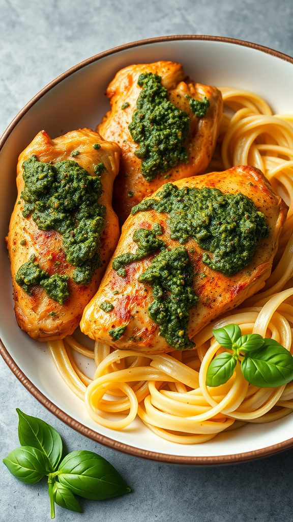 Three pesto-covered chicken thighs served over pasta, garnished with fresh basil leaves.