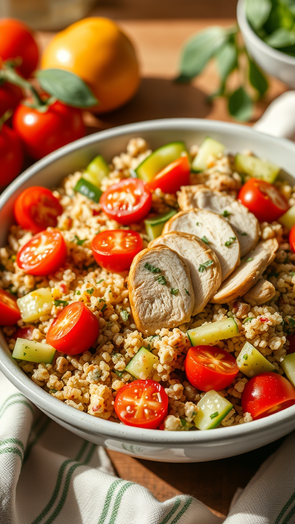 A bowl of quinoa salad with rotisserie chicken, cherry tomatoes, and cucumbers