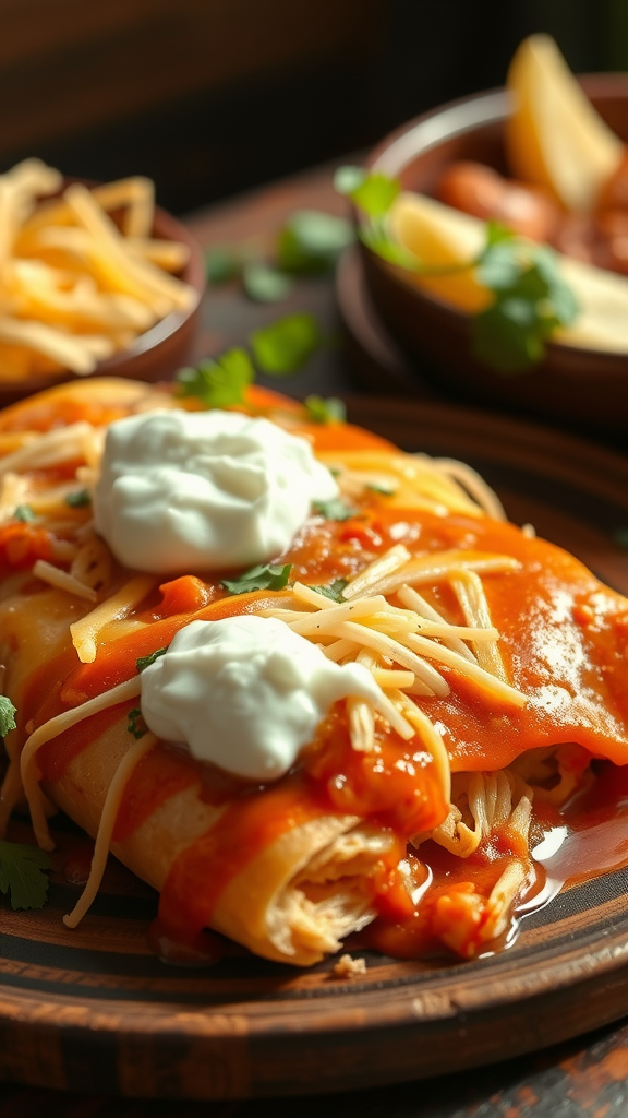 A plate of rotisserie chicken enchiladas topped with sauce and sour cream, with sides of cheese and garnishes.