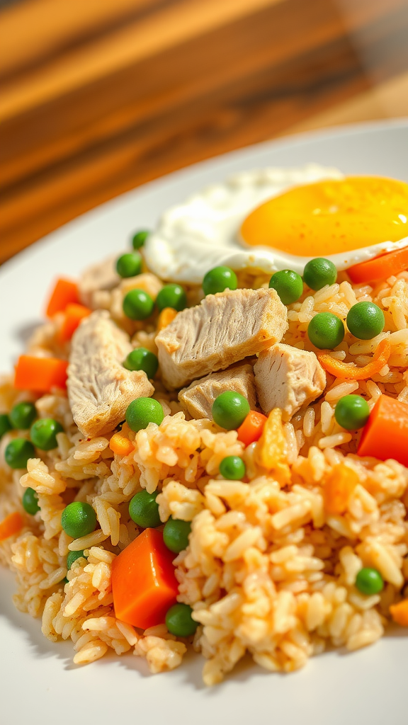 Plate of fried rice with rotisserie chicken, peas, carrots, and a sunny-side-up egg.