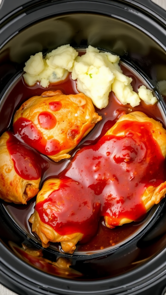 Slow cooker chicken thighs with BBQ sauce and mashed potatoes