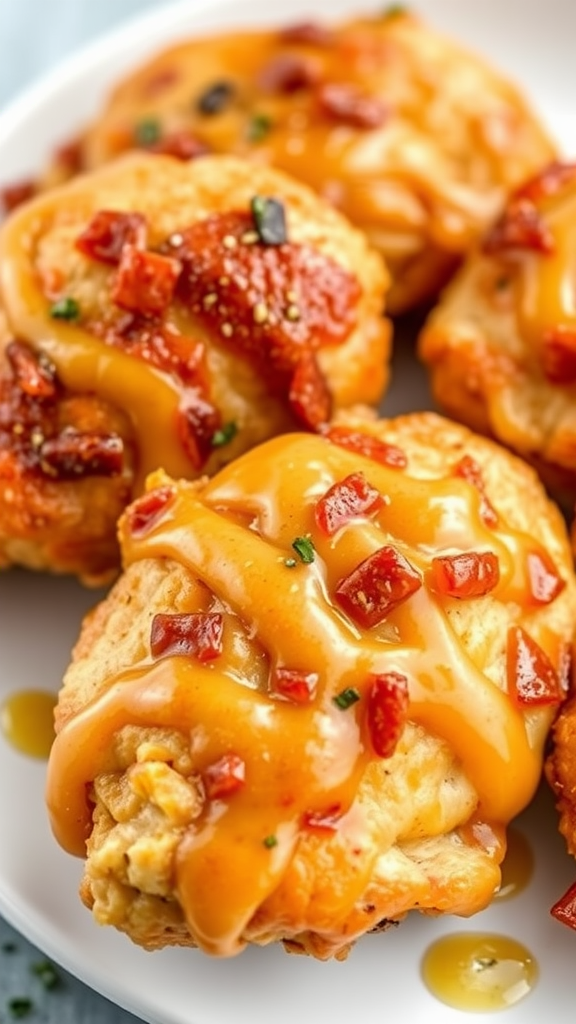 Plate of Spicy Honey Mustard Chicken Thighs garnished with sauce and toppings.