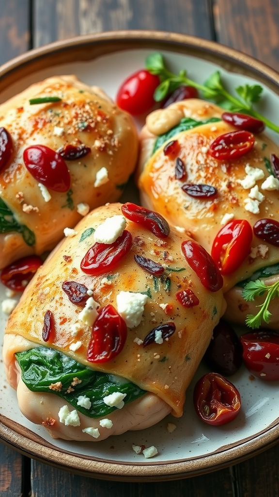 Plate of stuffed chicken thighs with spinach, sun-dried tomatoes, and feta cheese