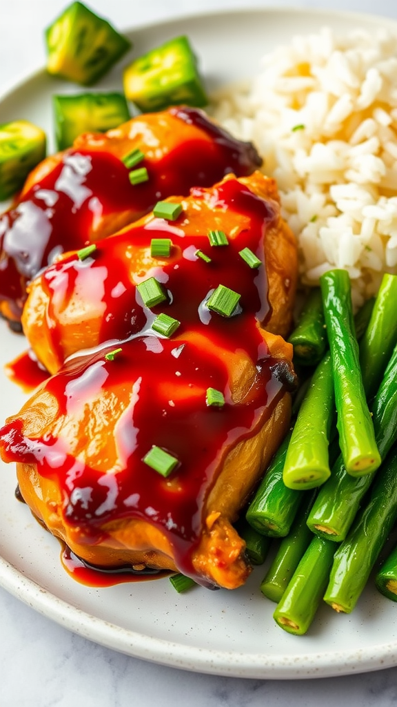 A plate of teriyaki chicken thighs with green beans and rice