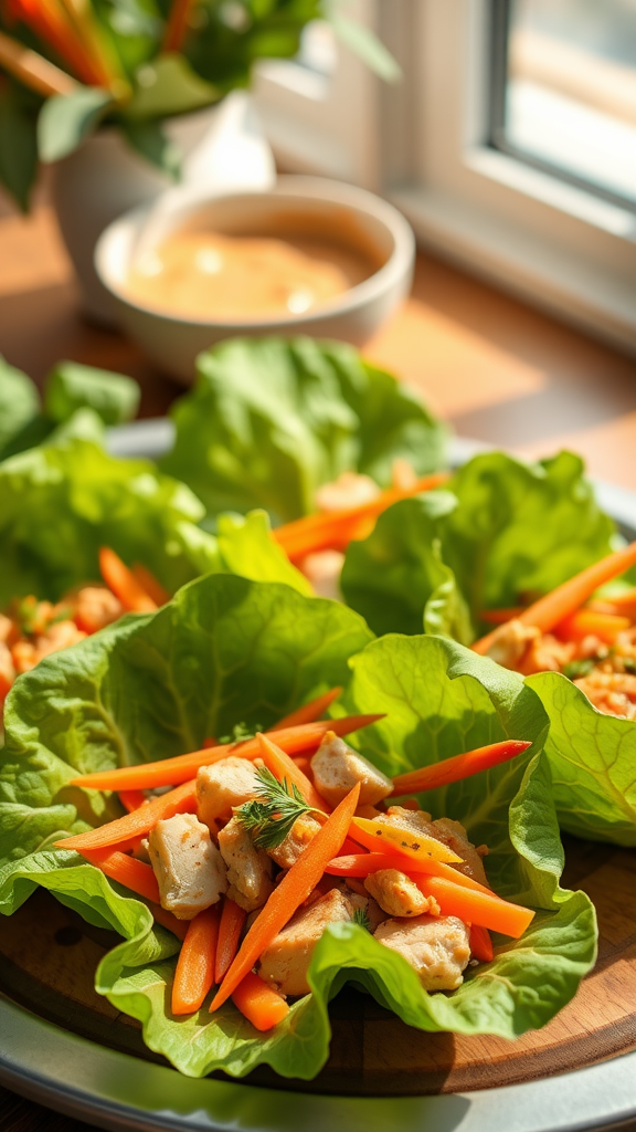 Thai chicken lettuce wraps with carrots and herbs on a platter