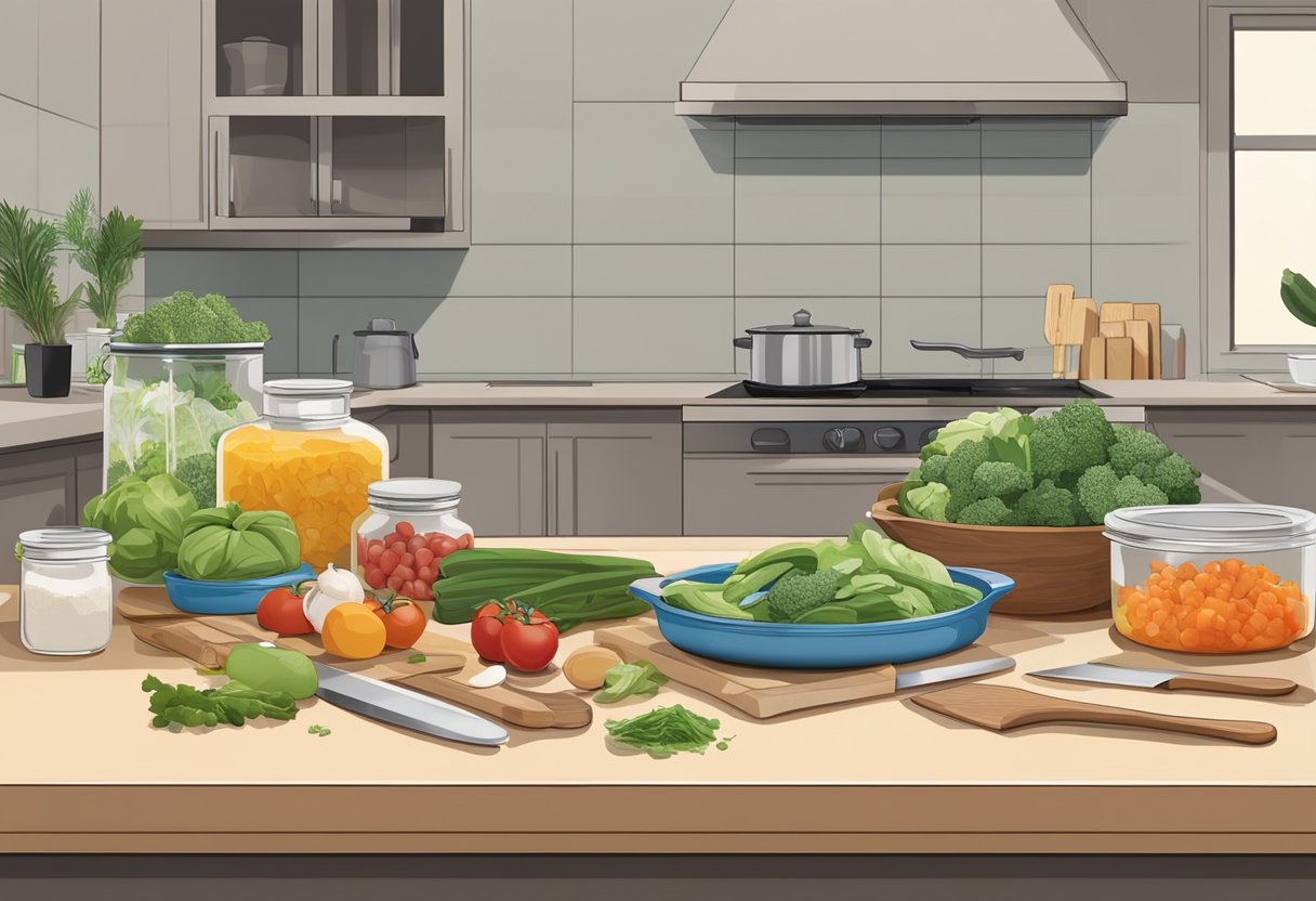 Fresh ingredients organized on a kitchen counter, with containers filled with prepped meals for the week ahead. Chopping board, knife, and cooking utensils in the background