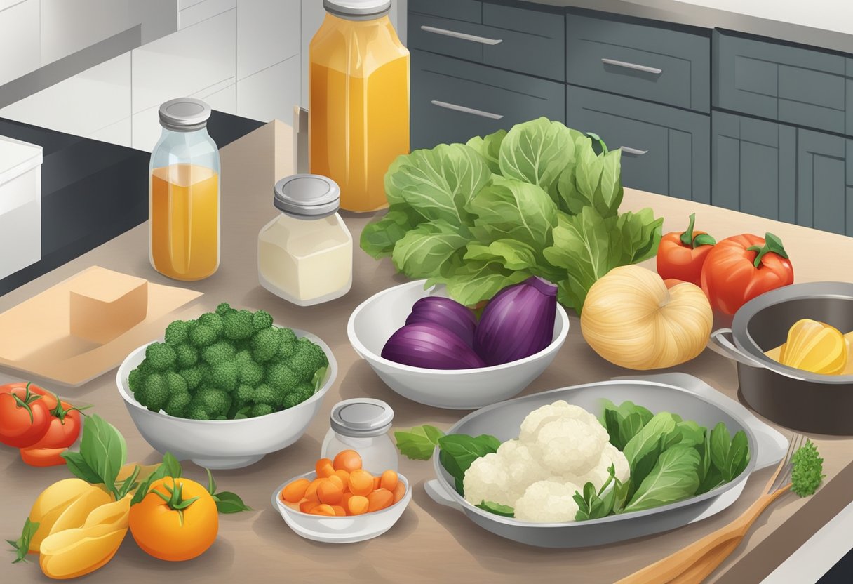 Fresh ingredients arranged on a kitchen counter, with various cooking utensils and containers ready for meal prep