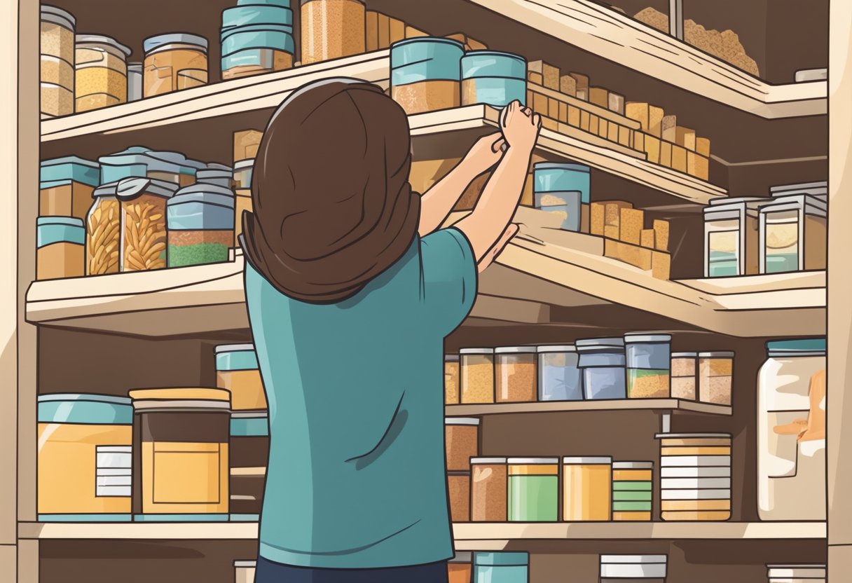 An open pantry with neatly organized shelves of whole grain pasta, canned goods, and dry ingredients. A hand reaches for a notepad to check inventory