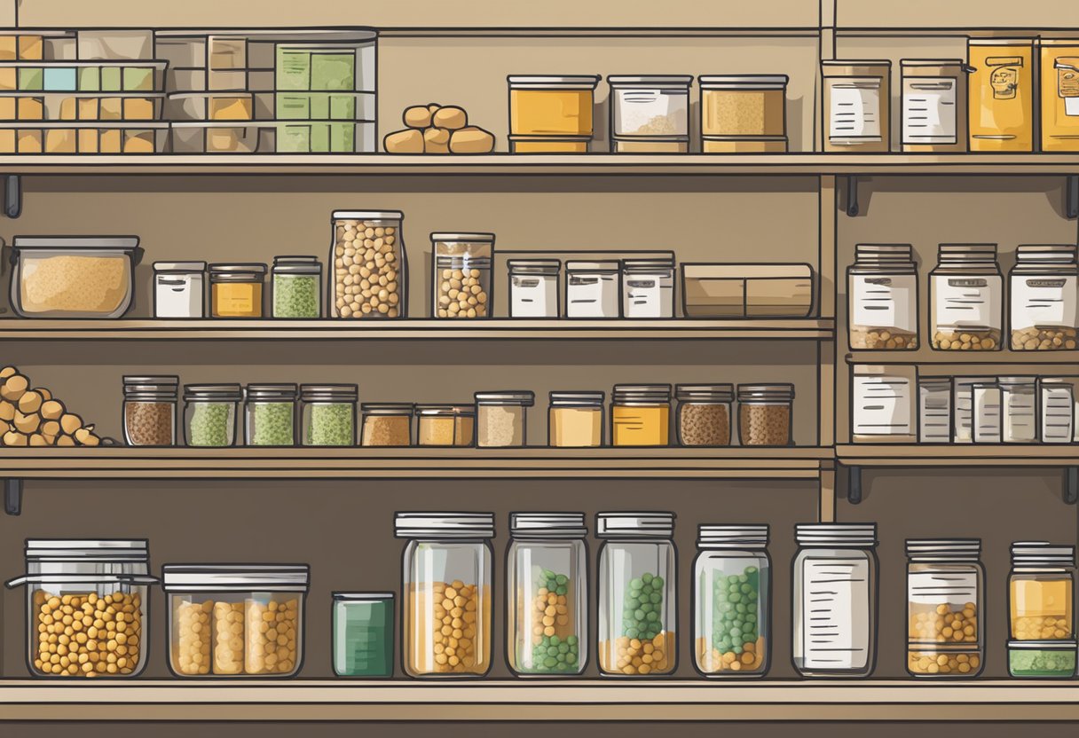 A well-organized pantry shelf with neatly arranged cans of chickpeas and other items, a list of inventory items, and a waste reduction chart