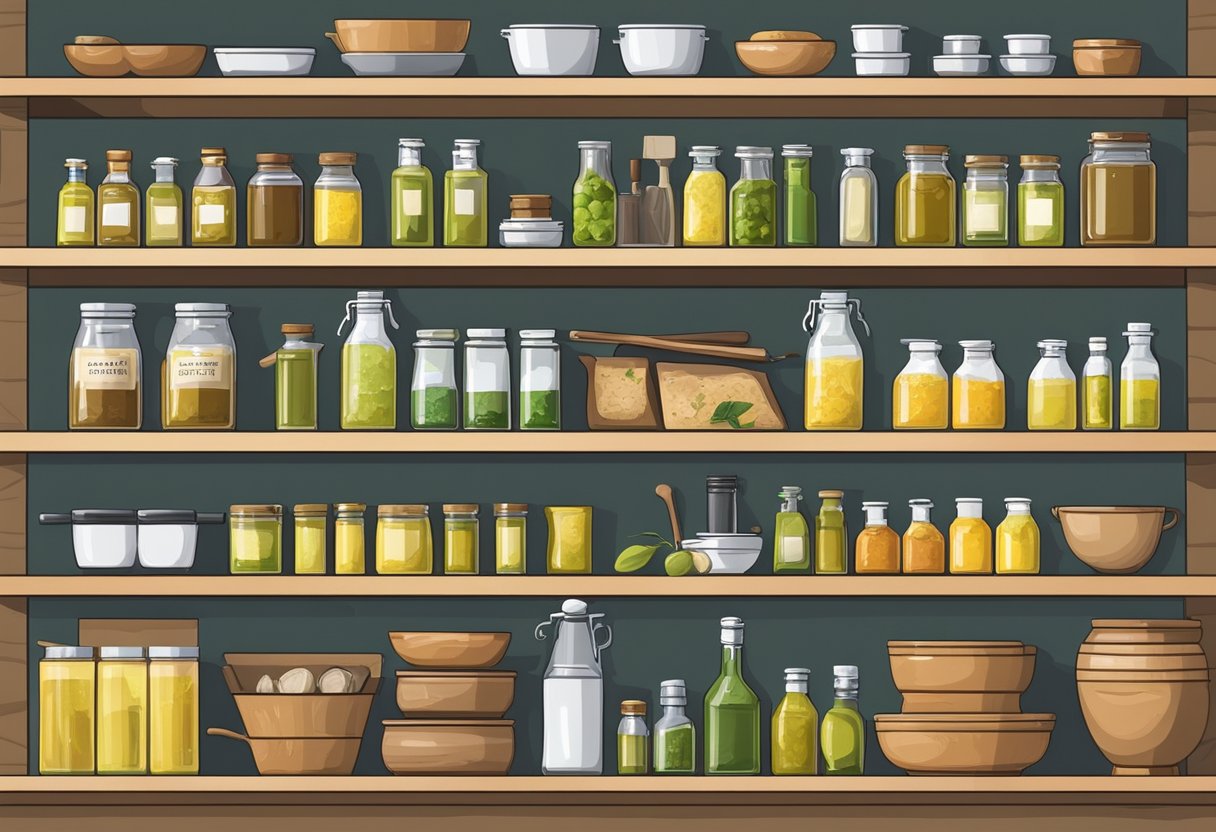 A well-organized pantry with neatly labeled shelves filled with various cooking oils, including a bottle of olive oil, surrounded by other kitchen staples