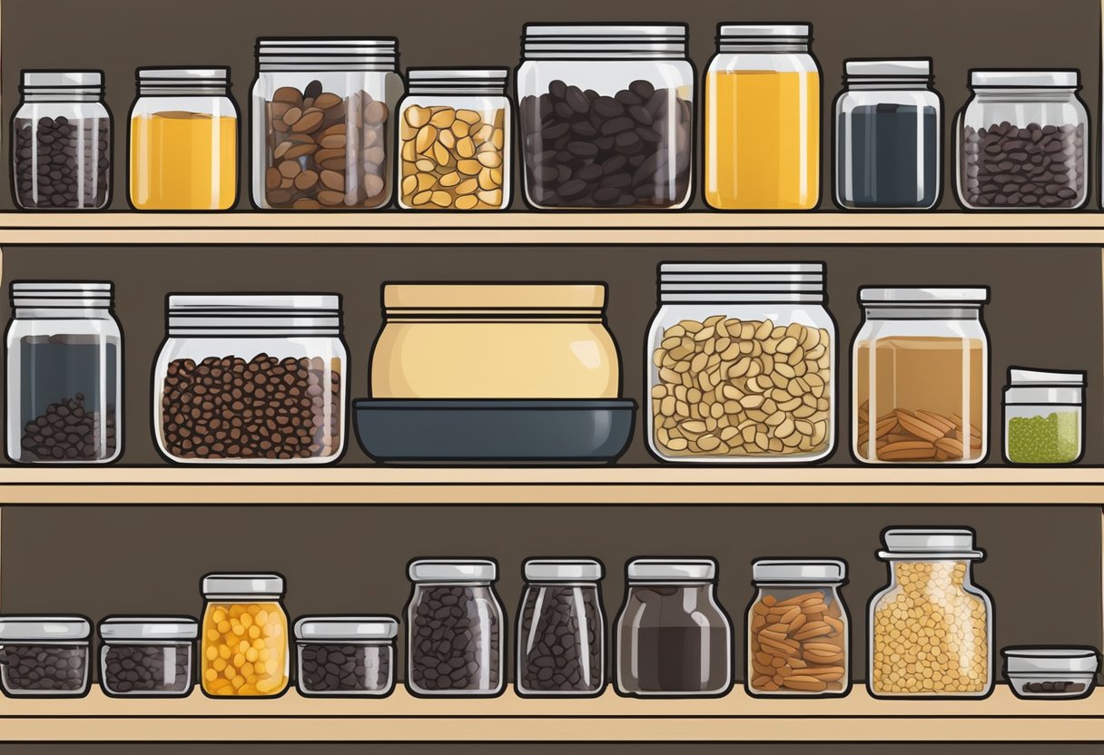 A pantry shelf with neatly organized jars and bags of dried black beans, along with other ingredients, to illustrate the concept of using a pantry inventory to reduce waste and avoid buying duplicates