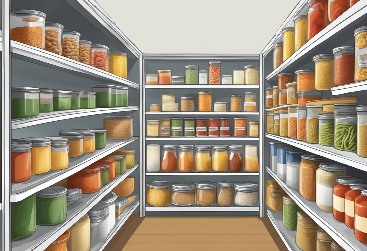 A well-stocked pantry with neatly organized shelves of spaghetti noodles, canned tomatoes, and other ingredients, with a checklist or inventory system to avoid duplicates and reduce waste
