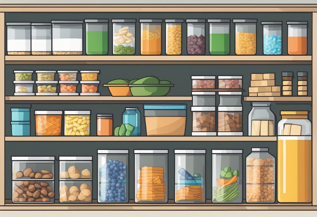 A well-organized pantry with labeled shelves and containers, showcasing a variety of non-perishable food items neatly arranged to avoid duplicates and reduce waste