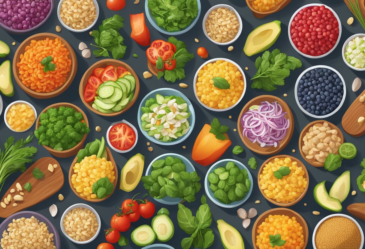 A variety of colorful grain salads arranged in a row, surrounded by fresh ingredients and storage containers