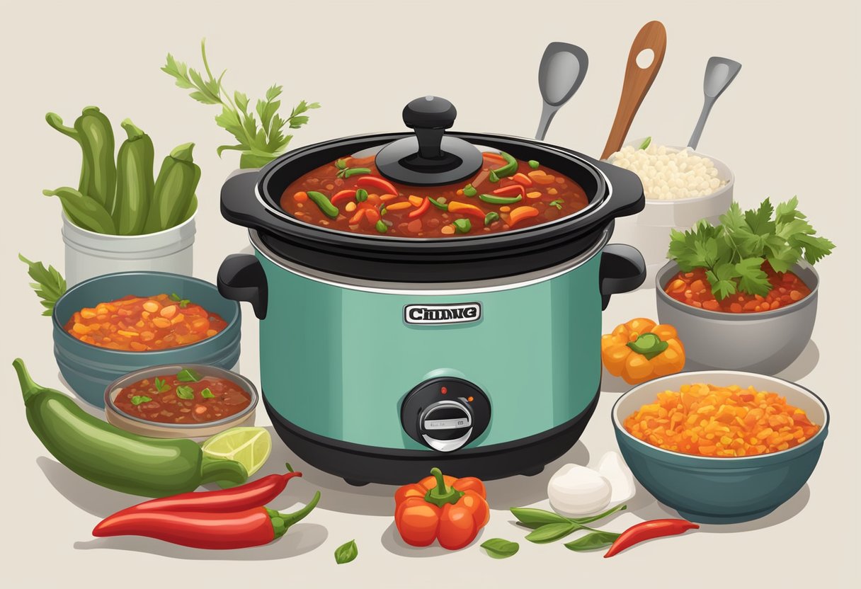 A slow cooker filled with hearty chili surrounded by fresh ingredients and kitchen utensils