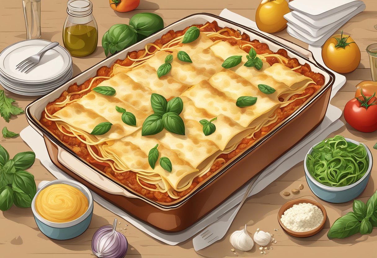 A large casserole dish filled with layers of lasagna, surrounded by fresh ingredients and cooking utensils