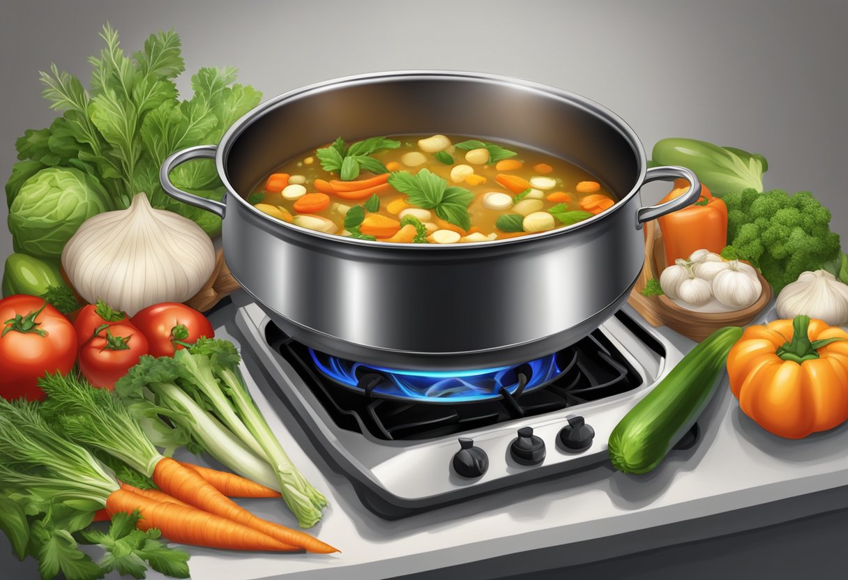 A large pot of vegetable soup simmering on a stove, surrounded by fresh vegetables and herbs