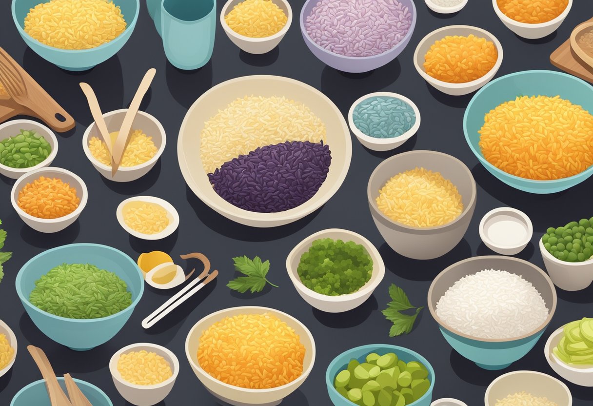 A row of colorful rice bowls arranged neatly on a kitchen counter, surrounded by fresh ingredients and cooking utensils