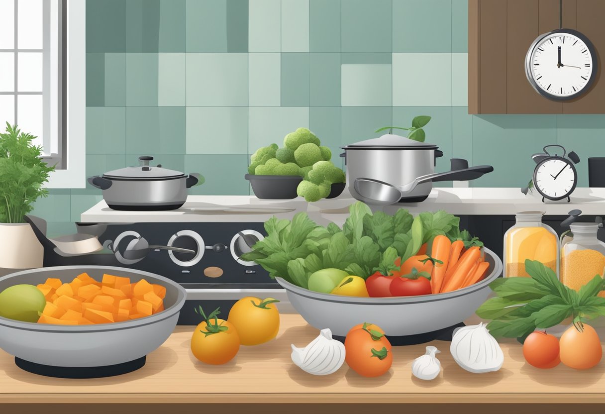 Fresh ingredients arranged on a kitchen counter, with pots and pans ready for batch cooking. A clock in the background symbolizes time savings