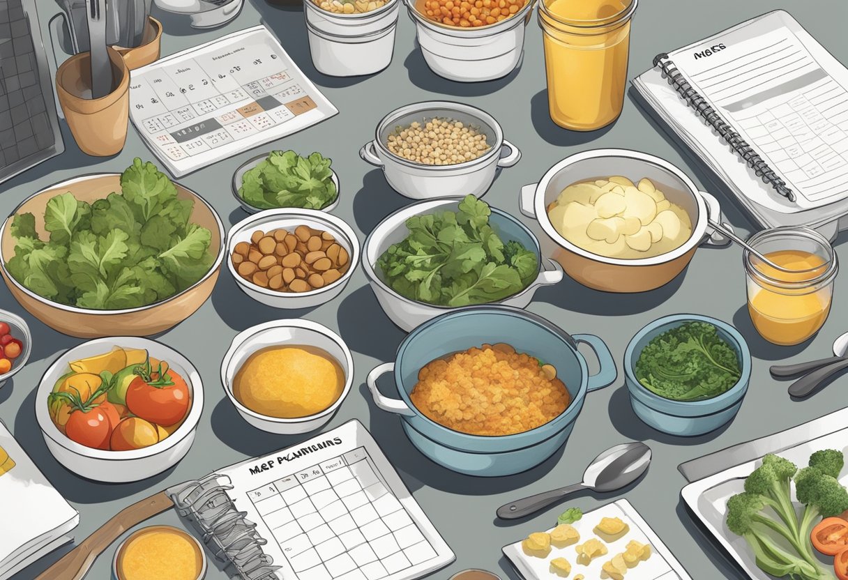 A kitchen counter with multiple pots and pans filled with prepped ingredients, organized containers, and a calendar with meal planning notes