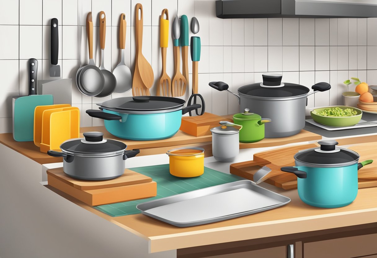 A clutter-free kitchen counter with a variety of multi-purpose cooking utensils and tools neatly arranged for efficient and budget-friendly meal preparation