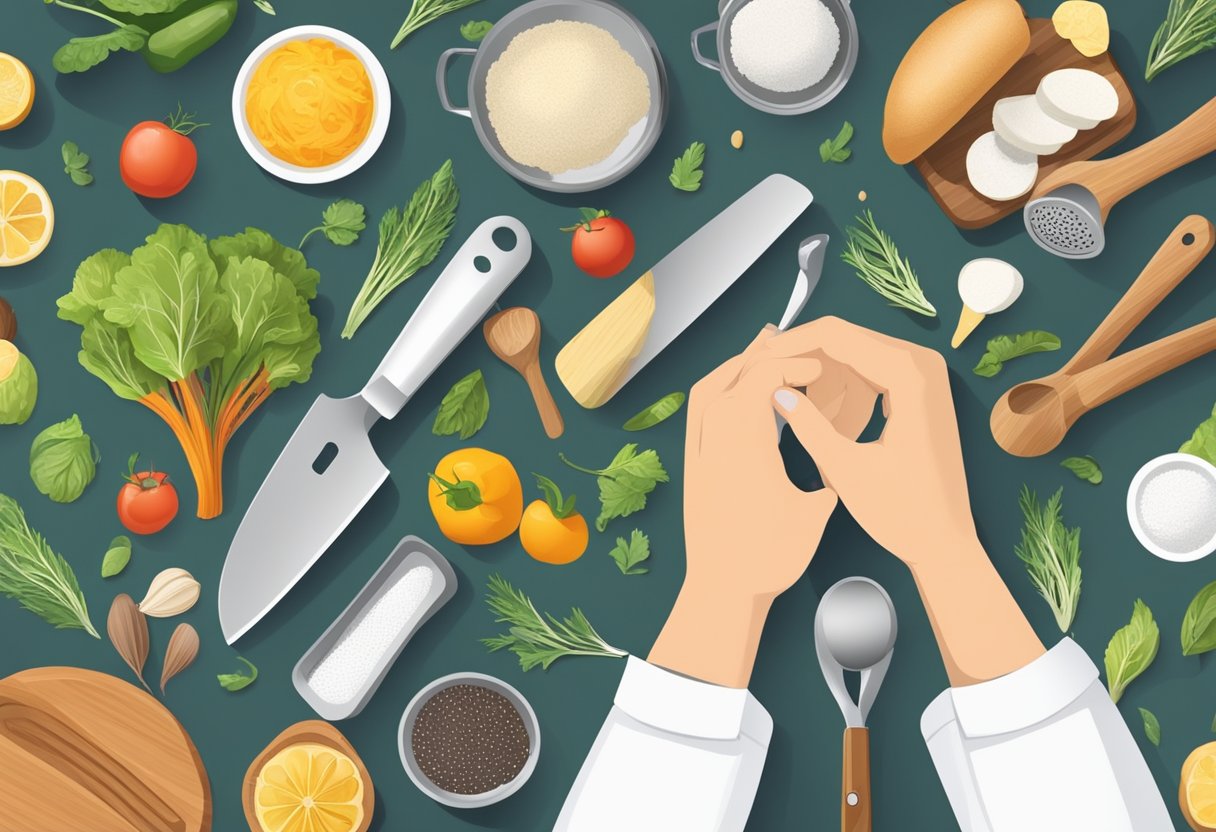 A chef's hand reaches for a multi-purpose kitchen tool, surrounded by various budget-friendly ingredients and cooking utensils