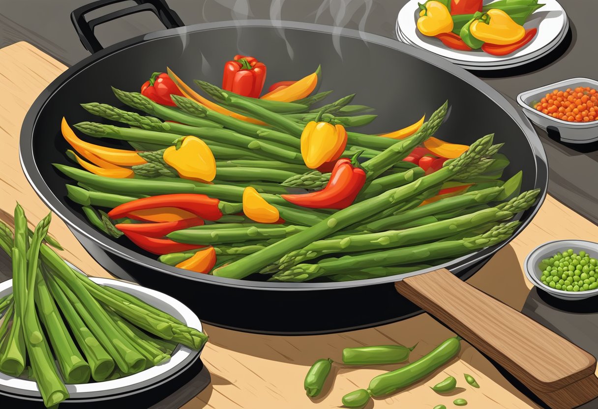 A colorful array of spring asparagus, bell peppers, and snap peas sizzling in a wok over a hot flame. A chef's hand tosses the vegetables with a wooden spoon