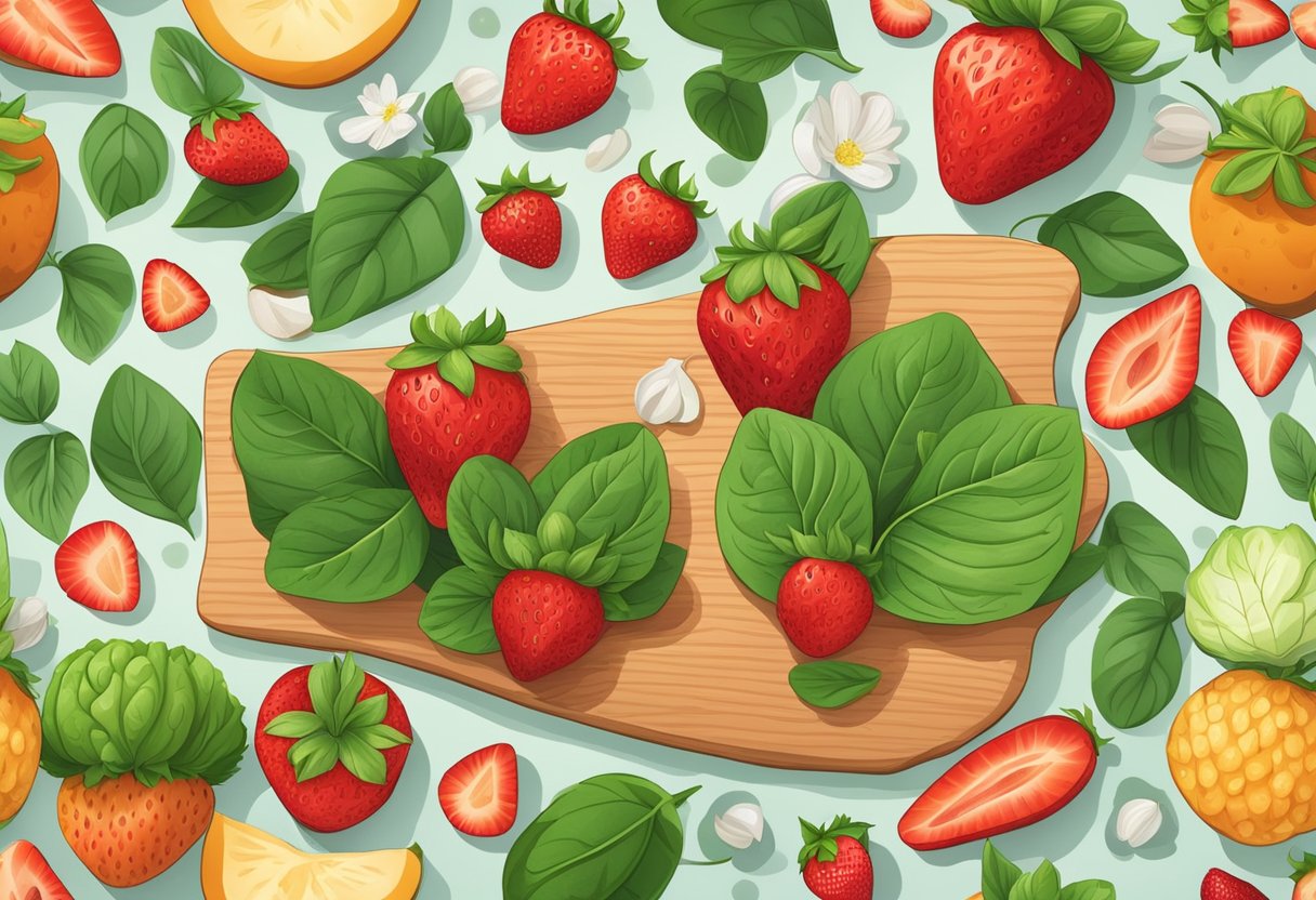 A colorful display of fresh strawberries and spinach arranged on a wooden cutting board, surrounded by other seasonal produce