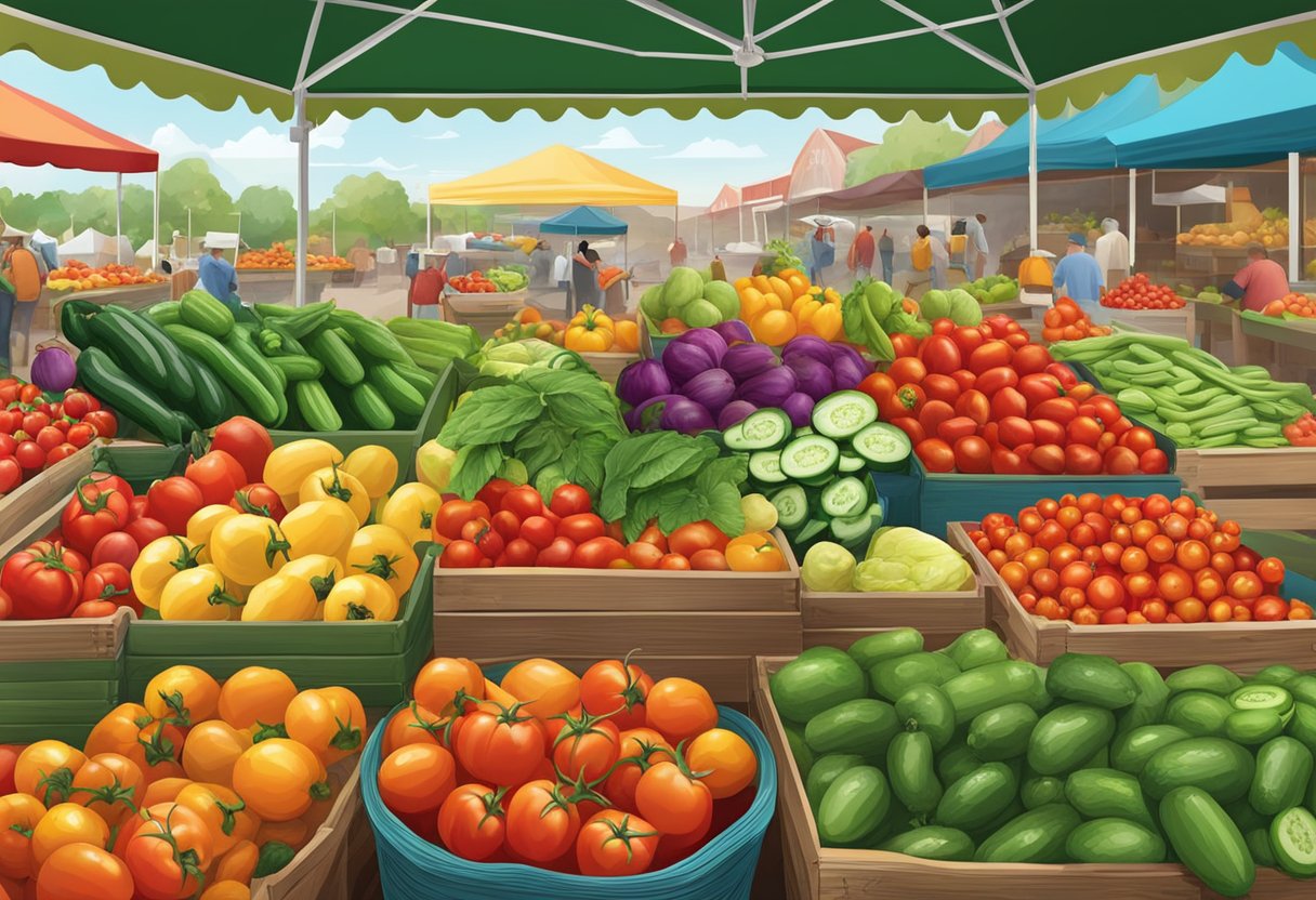 A vibrant farmers market with piles of fresh summer tomatoes, cucumbers, and bell peppers, along with other seasonal produce