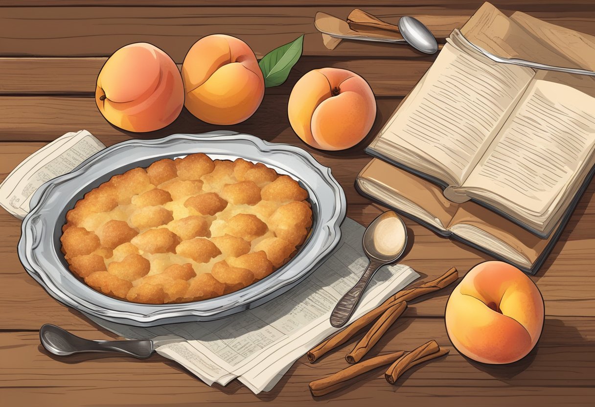 A rustic kitchen table with a freshly baked peach cobbler, surrounded by an assortment of ripe peaches, cinnamon sticks, and a vintage recipe book