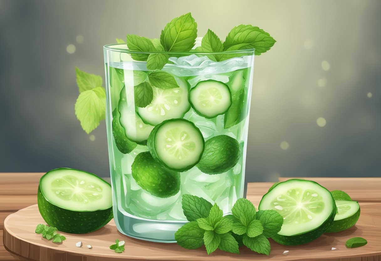 A refreshing cucumber mint cooler surrounded by fresh cucumbers and mint leaves on a wooden cutting board