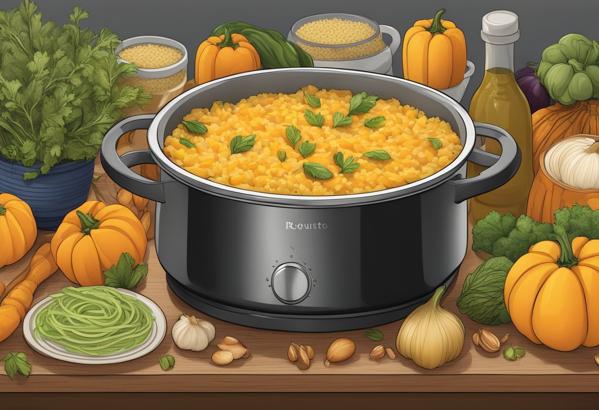 A cozy kitchen with a steaming pot of butternut squash risotto, surrounded by vibrant seasonal produce