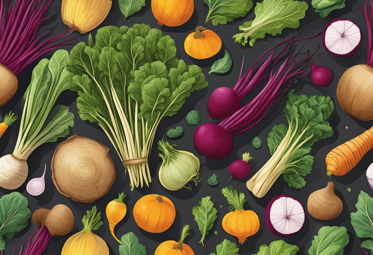 A rustic wooden table topped with a colorful array of winter produce, including vibrant beetroots, leafy greens, and other seasonal vegetables