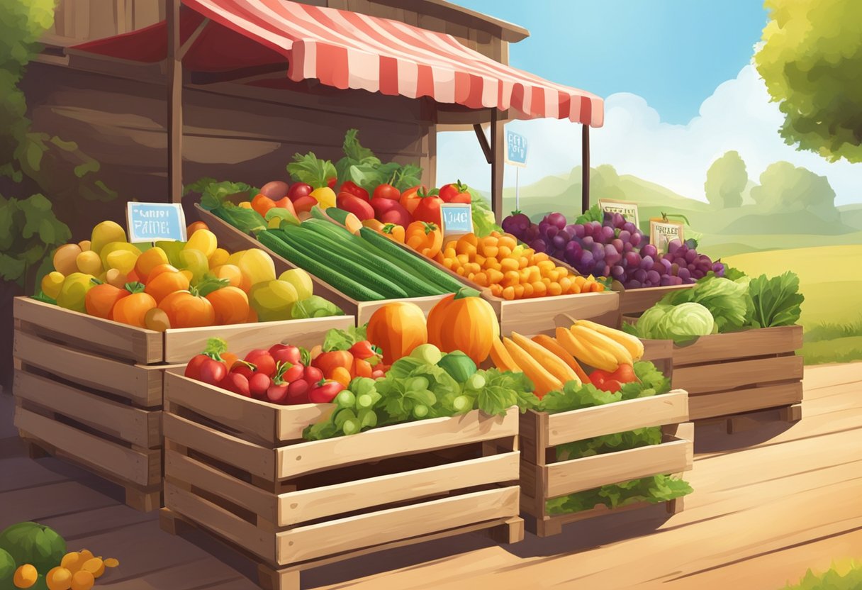 A farmer's market with colorful, fresh fruits and vegetables displayed on wooden crates under a sunny sky